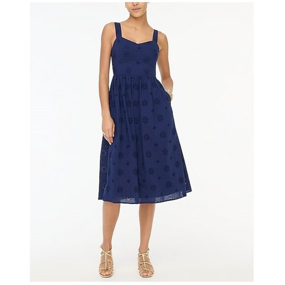J. Crew Eyelet Lightweight Cotton Midi Dress Navy Size 10/M NWT - Picture 1 of 9